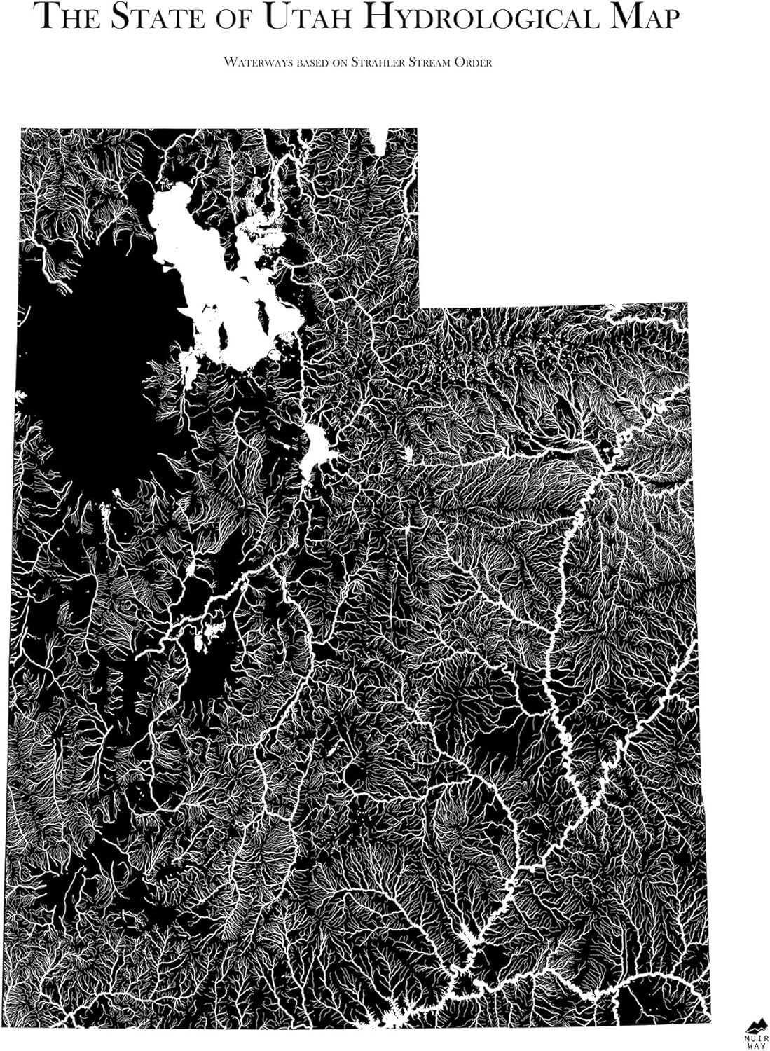 Muir Way Hydrological River Map of Utah - Watershed Topographic Wall Art for Home, Office, or Travel Decor - Unframed Flat Paper Print, 18x24