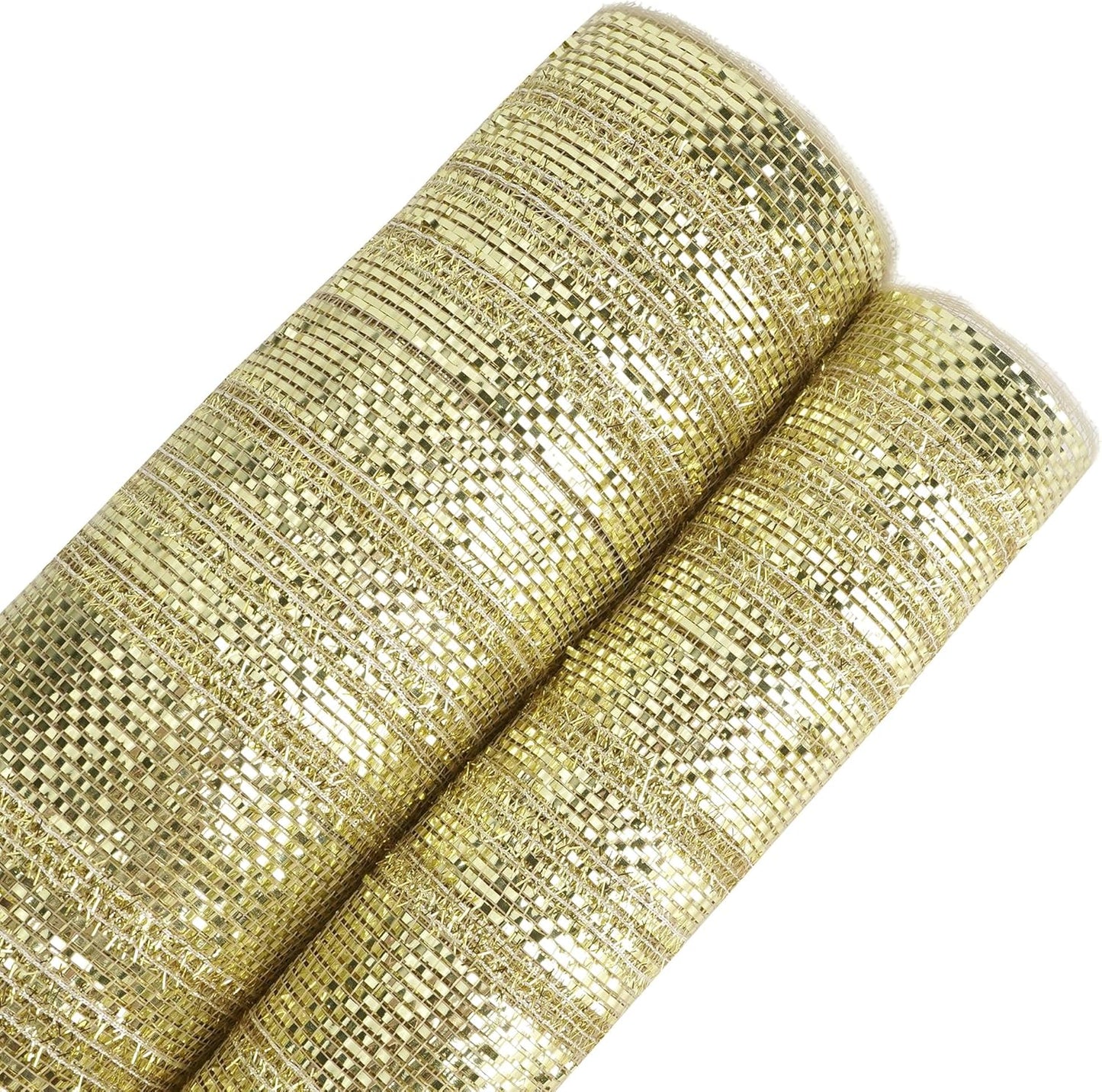 MEEDEE Champagne Deco Mesh 10 Inch Deluxe Wide Foil Metallic Mesh with Gold Tinsel Champagne Gold Mesh Ribbon for Christmas Tree, Wreaths, Garland, Gift Wrapping, Bows Making (30 Feet)