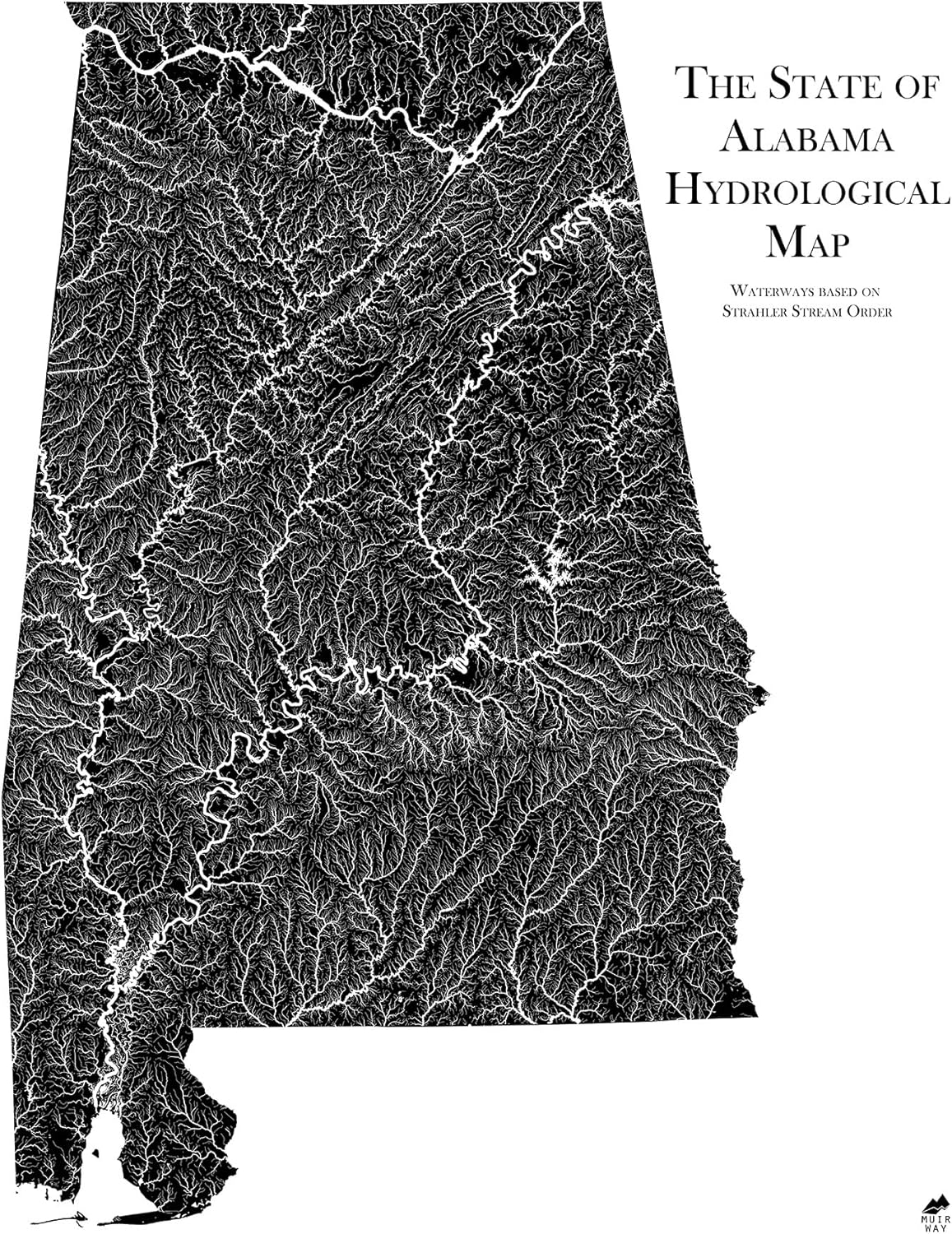 Muir Way Hydrological River Map of Alabama - Watershed Topographic Wall Art for Home, Office, or Travel Decor - Unframed Flat Paper Print, 18x24