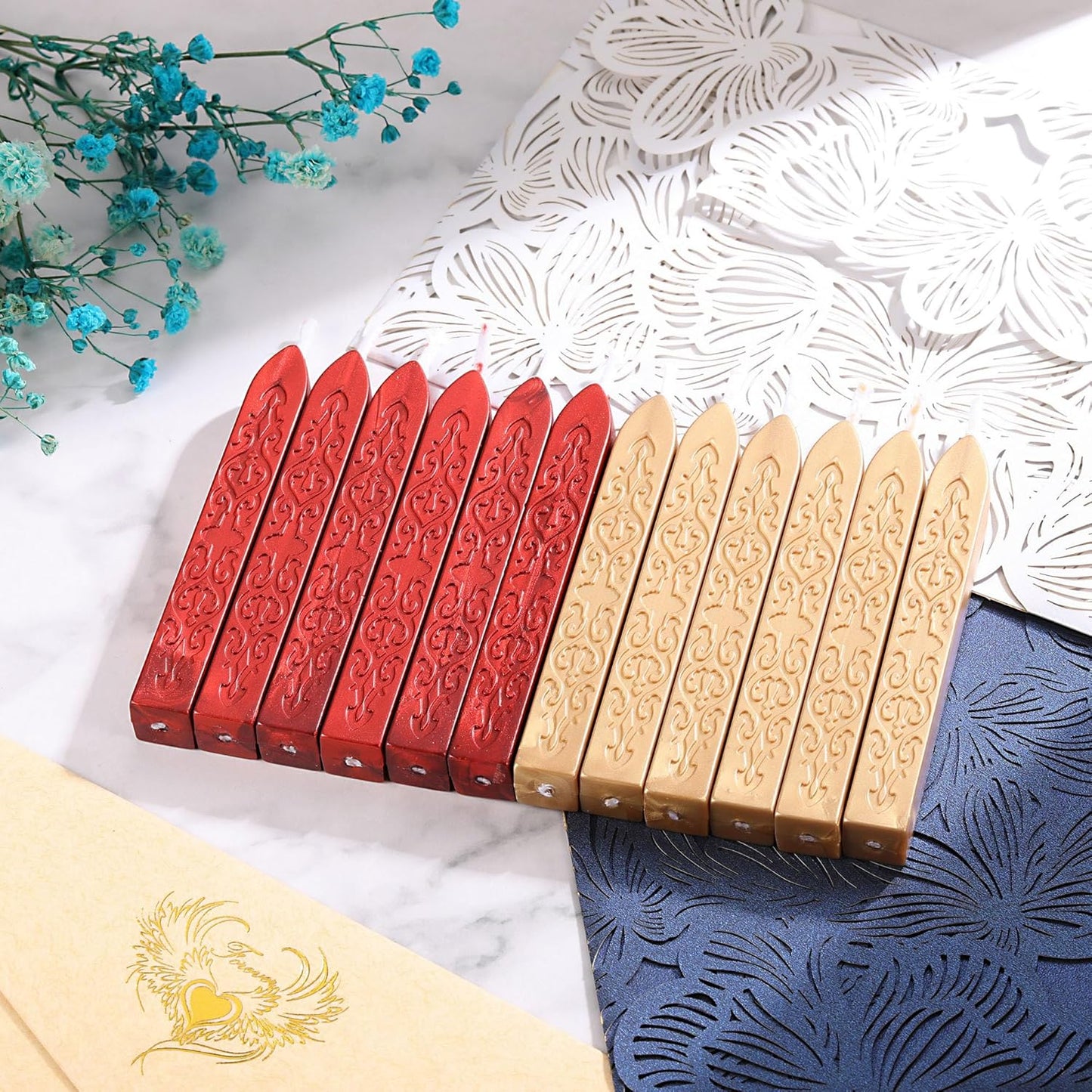 Yoption 12 Pcs Sealing Wax Sticks with Wicks for Wax Seal Stamp, Wedding Invitations, Gift Wrapping, Christmas (Metallic Red and Light Gold)