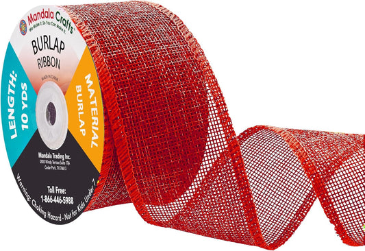 Mandala Crafts Red Burlap Ribbon 2 Inches Wide Jute Ribbons for Crafts - 20 Yds Roll Rustic Burlap Wrap Trim Ribbons for Wreaths Bows Wedding Party Decoration