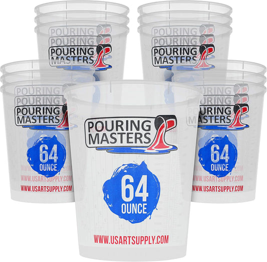 Pouring Masters 64 Ounce (2000ml) Graduated Plastic Mixing Cups (Box of 12) - Paint Mixing Cups for Epoxy Resin, Art, Kitchen, Baking - Measurements in OZ and ML, 4 Different Measuring Ratios 1:1