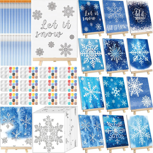 Zhanmai 12 Pack Pre Drawn Canvas for Painting Sip and Paint Kit 8" x 10" Paint Party Set Canvas Painting Pre Printed Canvases for Party Favor DIY Virtual Adult's Date Night(Winter Snowflake)