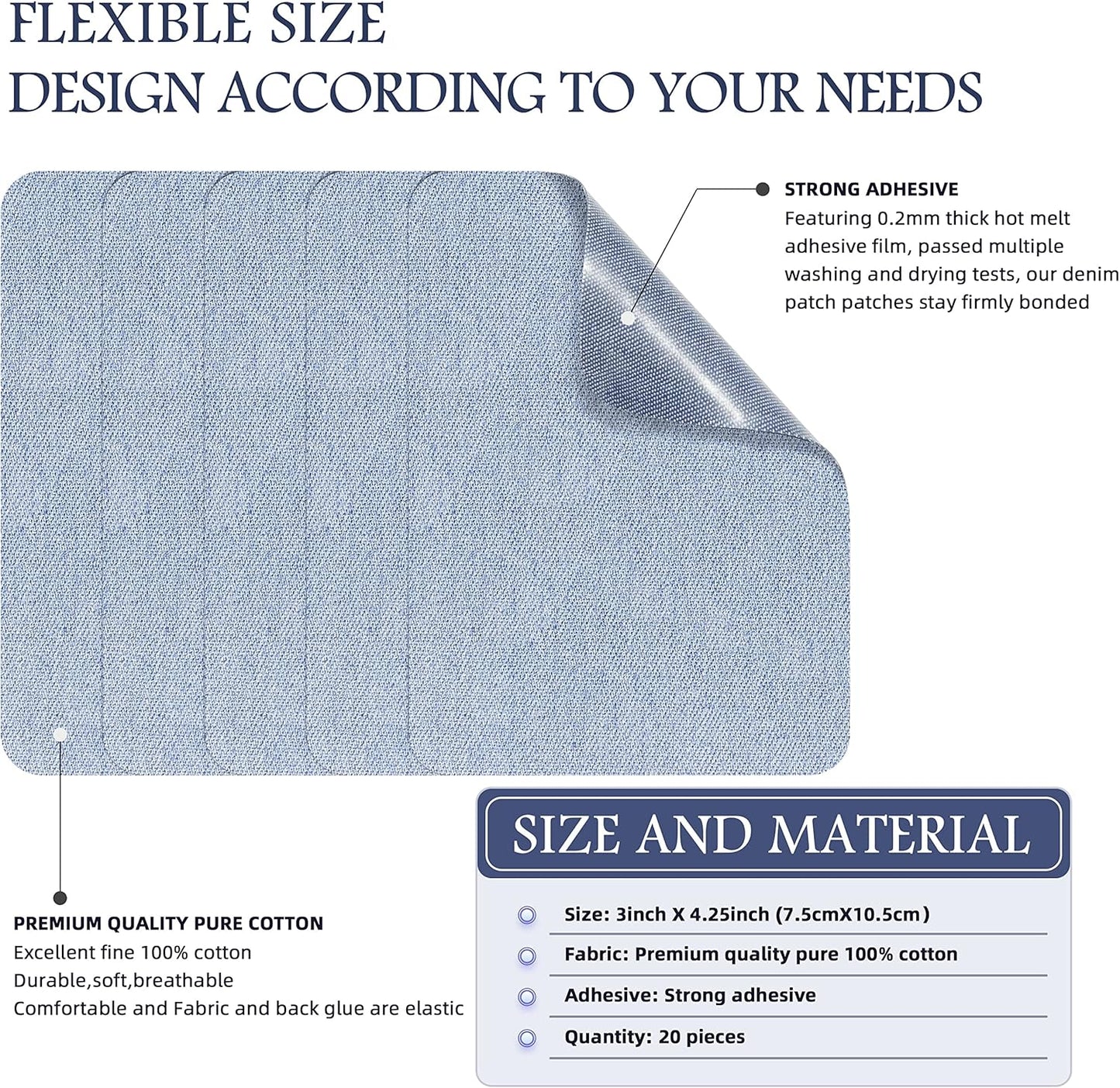 KING MOUNTAIN Iron-on Repair Patch 20 Pcs Pack,Denim Patches for Jeans Kit 3" by 4-1/4",100% Cotton Denim Iron-on Repair Patch,Jeans and Clothing Repair and Decoration Kit (Light Blue)