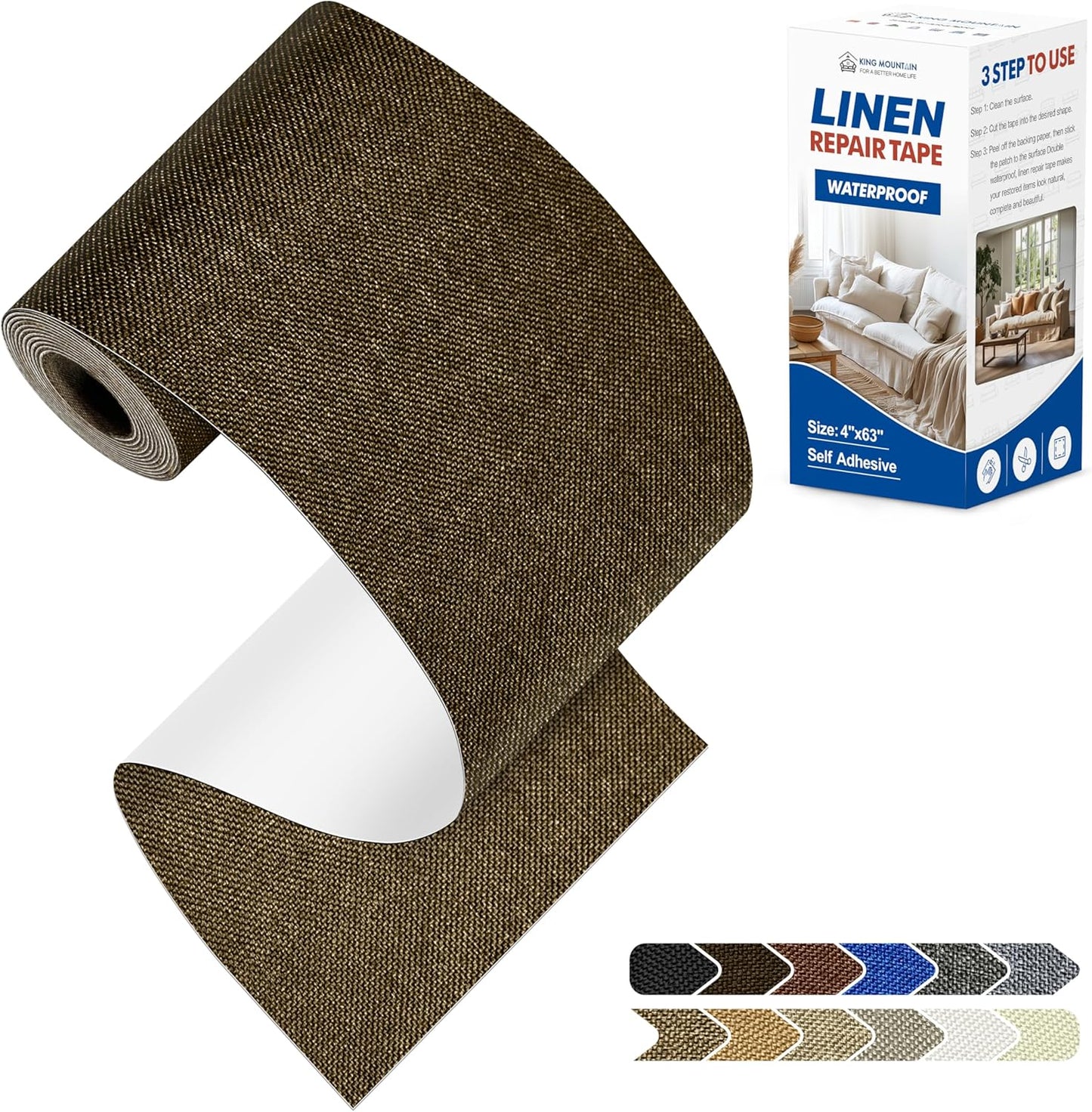 KING MOUNTAIN Linen Repair Patches, Self-Adhesive Linen Fabric Patches, 4 X 63 inch Extra Size, Multi Color, Can be Used for Linen Sofa Repair and Linen Clothes Repair (Dark Brown2.0)