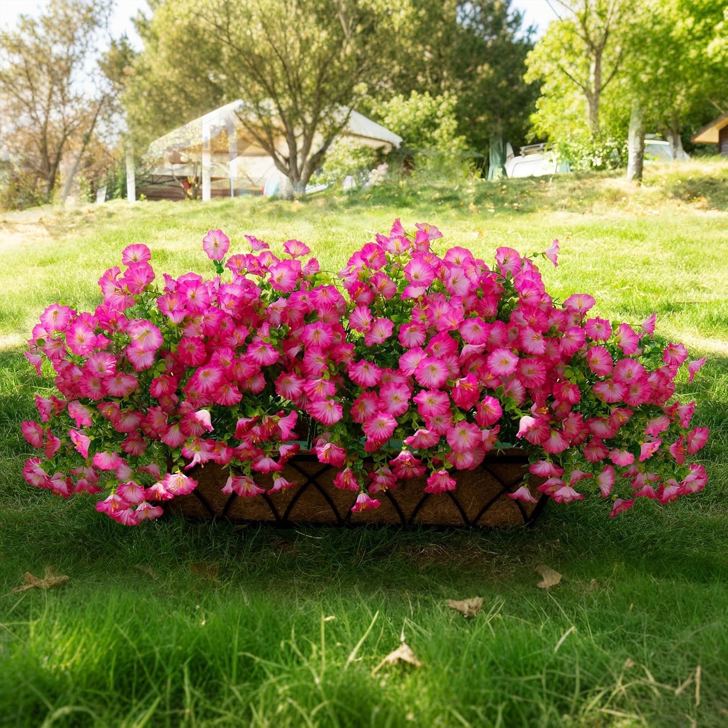 Artificial Flowers Fake Plants for Outdoor Indoor Decoration,16 Bundles UV Resistant Faux Plastic Flowers,Realistic Pink Morning Glory for Planter Porch Patio Home Table Wedding (Pink)