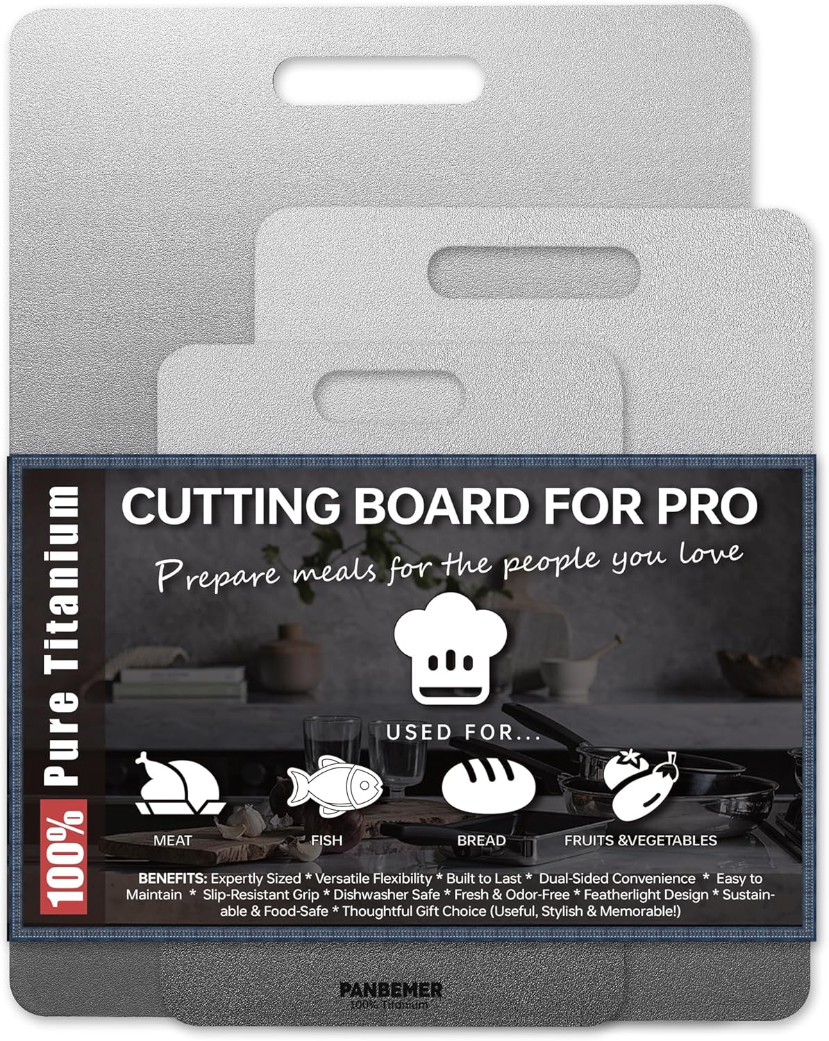Titanium Cutting Boards for Kitchen, Set of 3 Food Grade 100% Pure Titanium Double-Sided Chopping Boards, Non-Toxic, Dishwasher Safe, Easy to Clean – 10", 12", 16"