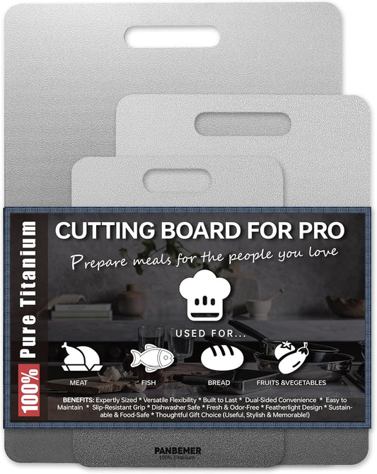 Titanium Cutting Boards for Kitchen, Set of 3 Food Grade 100% Pure Titanium Double-Sided Chopping Boards, Non-Toxic, Dishwasher Safe, Easy to Clean – 10", 12", 16"