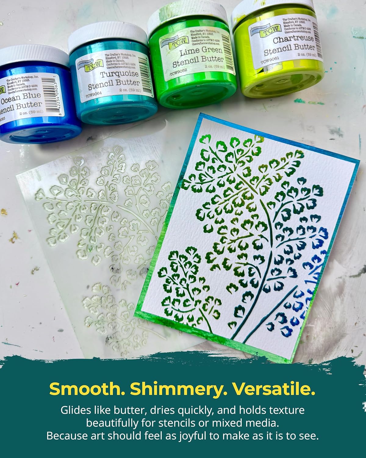 The Crafter's Workshop Stencil Butter - Caribbean Sea Acrylic Paint Set - Boutique Metallic Texture Paste for Art, Canvas, Journals, & Cards - 4 x 2oz Jars