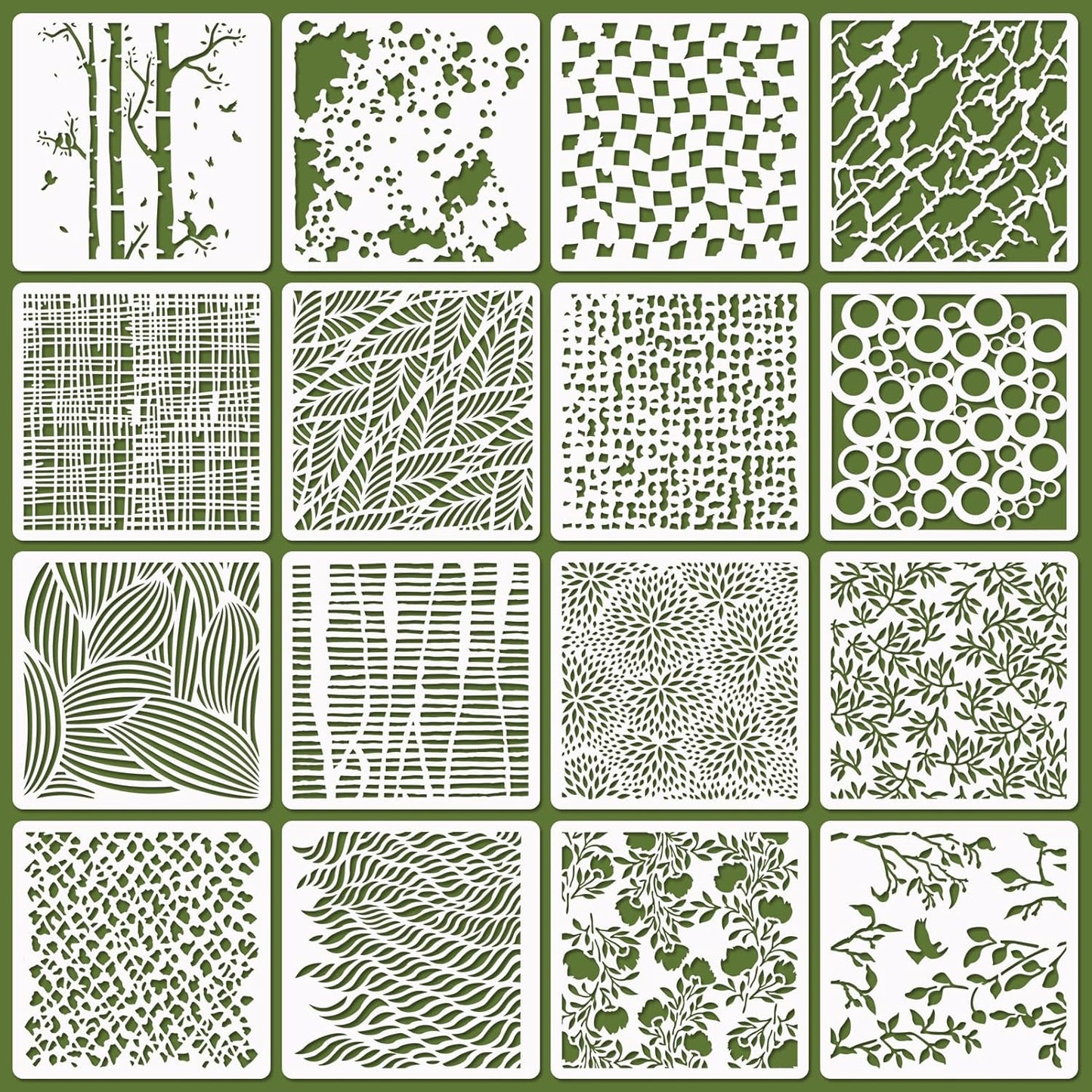16 Pcs Layering Stencils for Painting - 6"x6" Mixed Texture Trees, Flowers, Leaves, Dots, Checkered, Buffalo Crackle, Splatter Stencils for Canvas, Mix Media Spray Paint