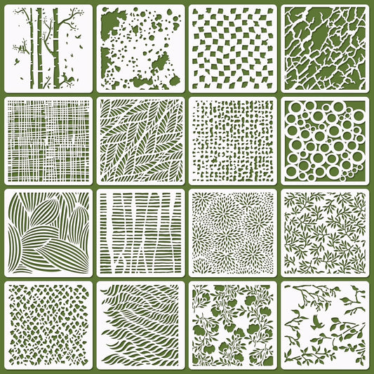 16 Pcs Layering Stencils for Painting - 6"x6" Mixed Texture Trees, Flowers, Leaves, Dots, Checkered, Buffalo Crackle, Splatter Stencils for Canvas, Mix Media Spray Paint