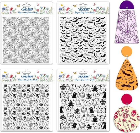 CHGCRAFT 4 Pcs Halloween Elements Polymer Clay Texture Sheets Ghosts Silicone Texture Stamp Skeletons Clay Texture Mat Modeling Pattern Pad Sheets for Jewelry and Earrings Tools, 5.5x5.5 inch