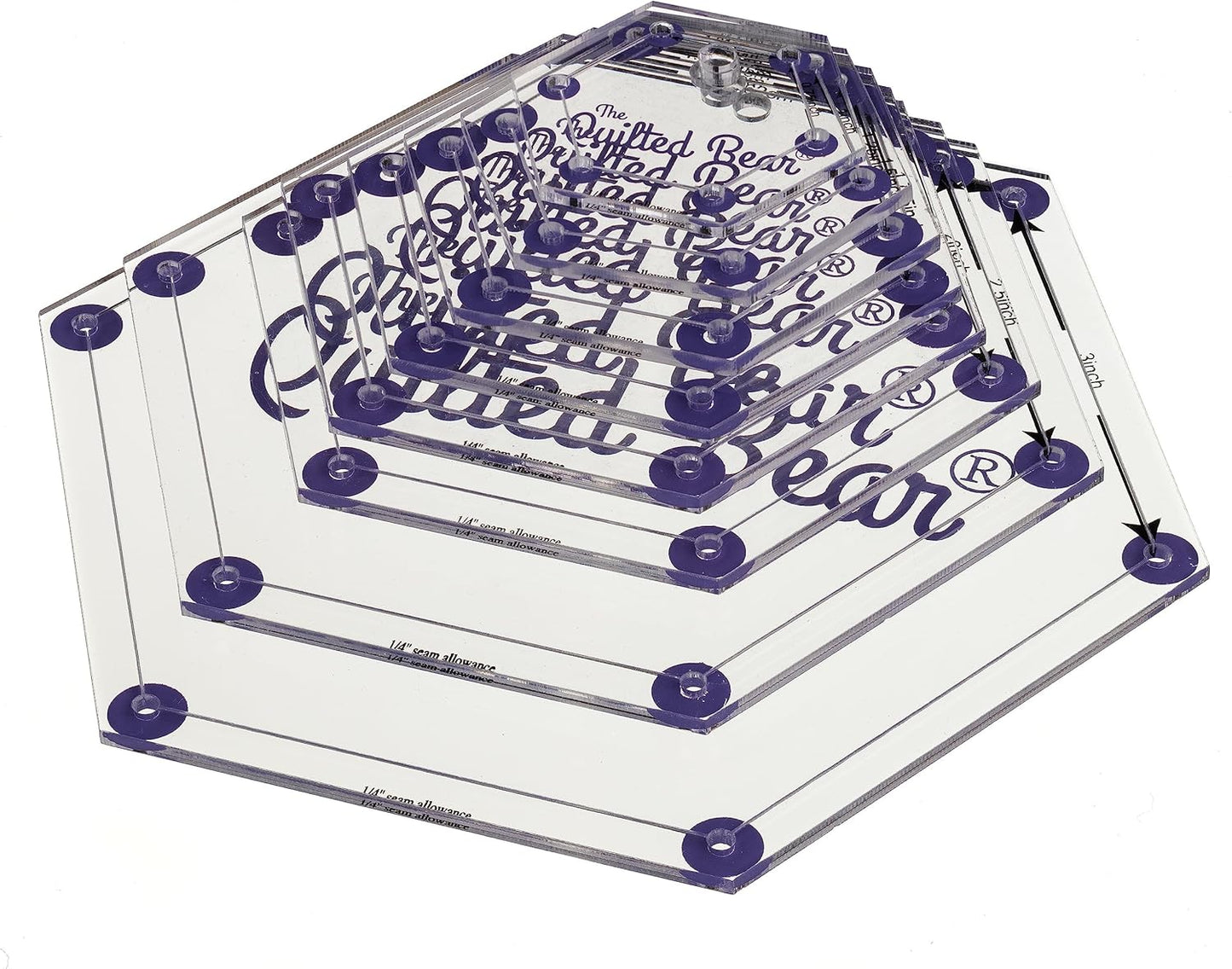The Quilted Bear Hexagon Quilting Templates – 8 Clear Non-Slip Acrylic Quilt Templates for Precise Fabric Cutting & Stress-Free Machine Quilting - Ideal for Quilt & Sewing Supplies (¾–3")
