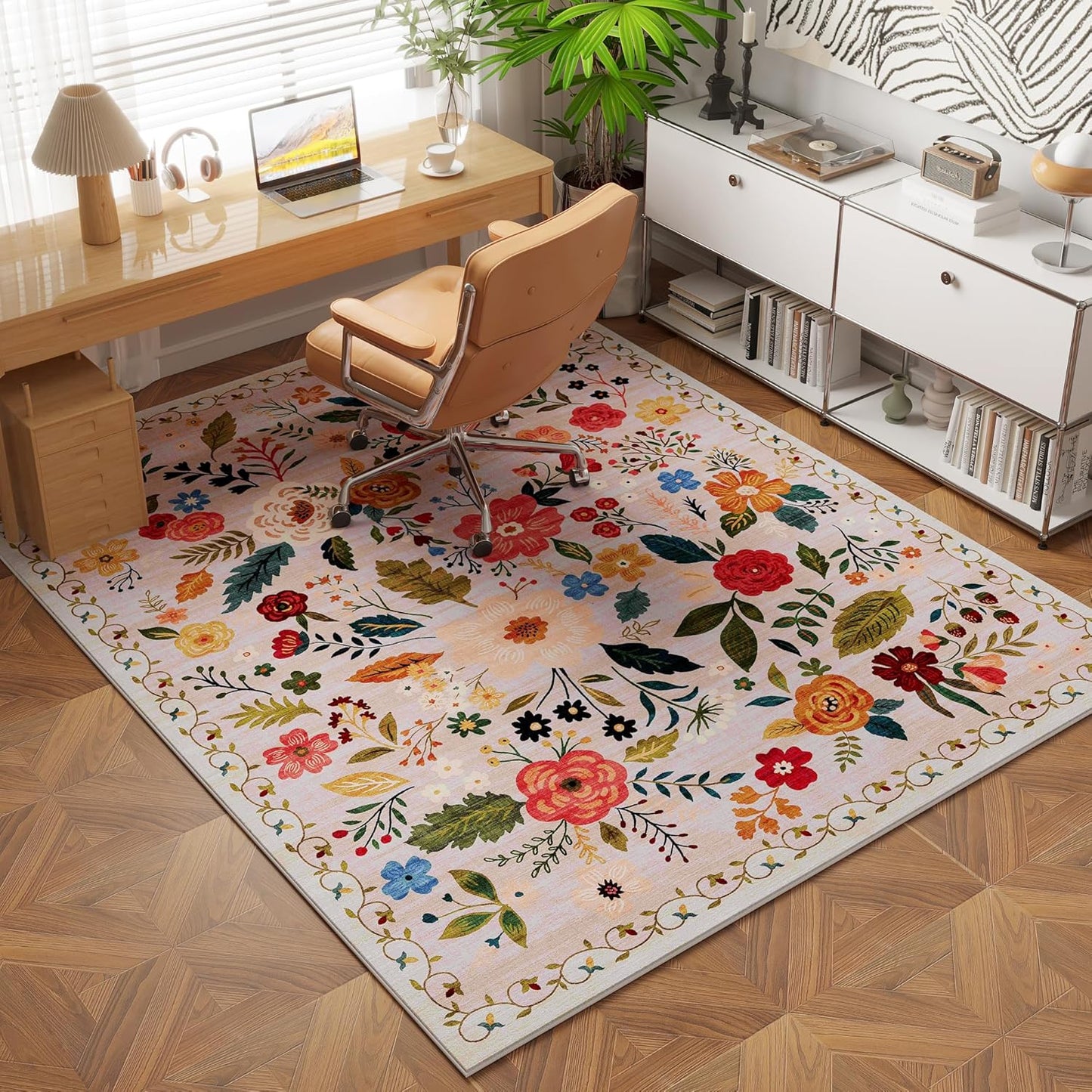 Rugcomf Bedroom Rug 3x5 Rug Washable Area Rug Non Slip Low Pile Boho Floral Small Carpet for Bedroom, Bedside, Kitchen, Entryway, Kids Room, Office, College Dorm Essentials for Girls(Beige)