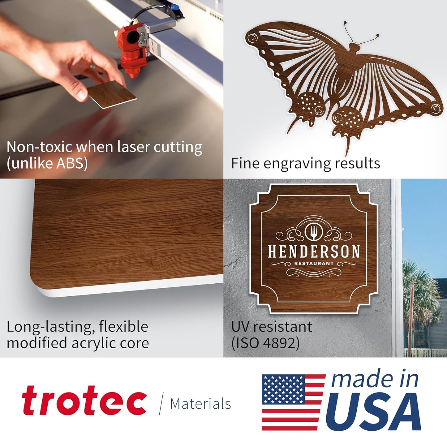 Trotec TroLase | 12"x12"x1/16", 8 Pcs | Pearwood/White | 2 Ply | Modified Acrylic | Laser Engraving Double Color Plastic Sheet | Engraving Blanks for Laser, Saw, Guillotine | Made in USA