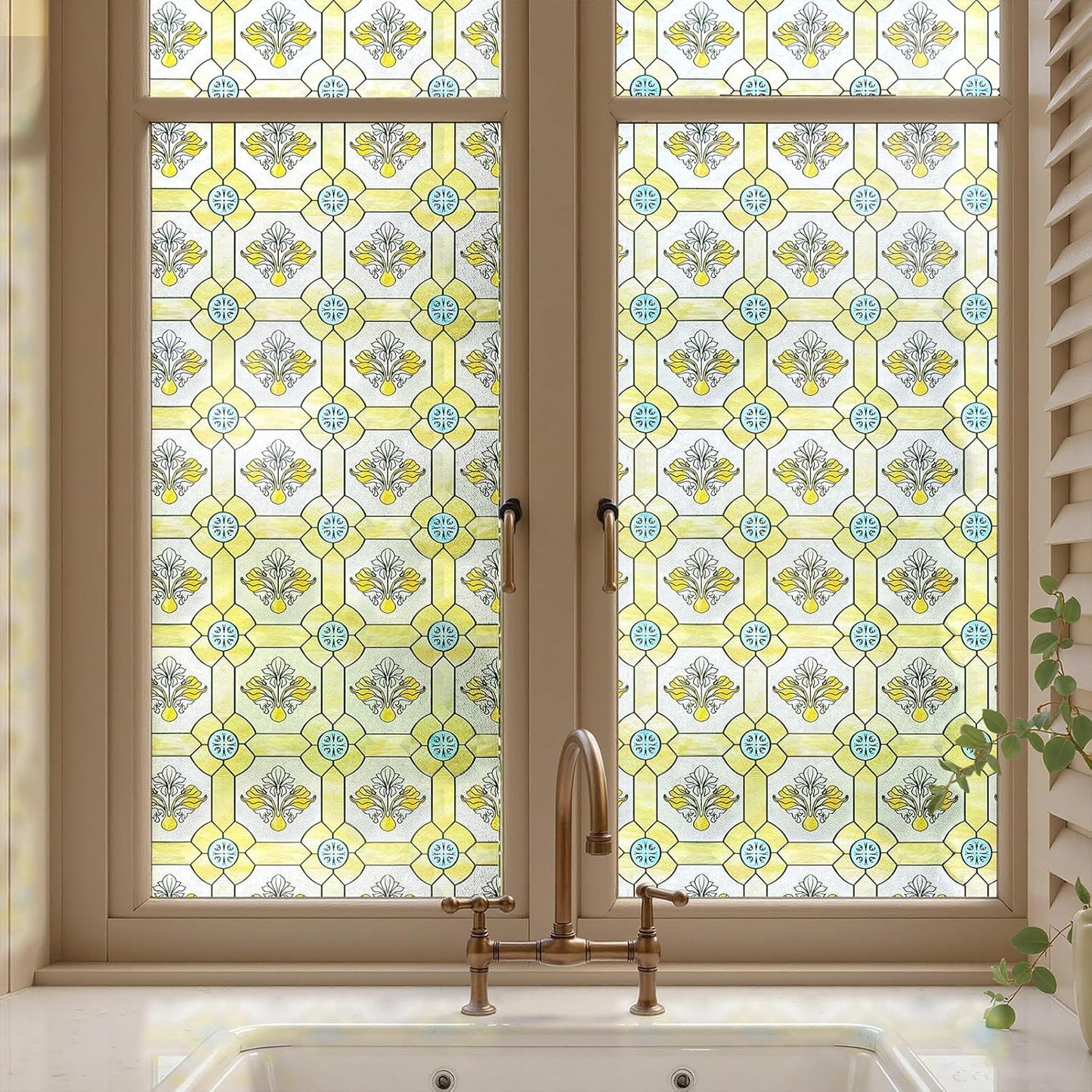 3D Stained Glass Window Film, Decorative Window Privacy Film for Bathroom,Front Door,Home, Sun Blocking Heat Control,Static Cling,23.6inch x 35.4inch Gilt Glazed Flowers