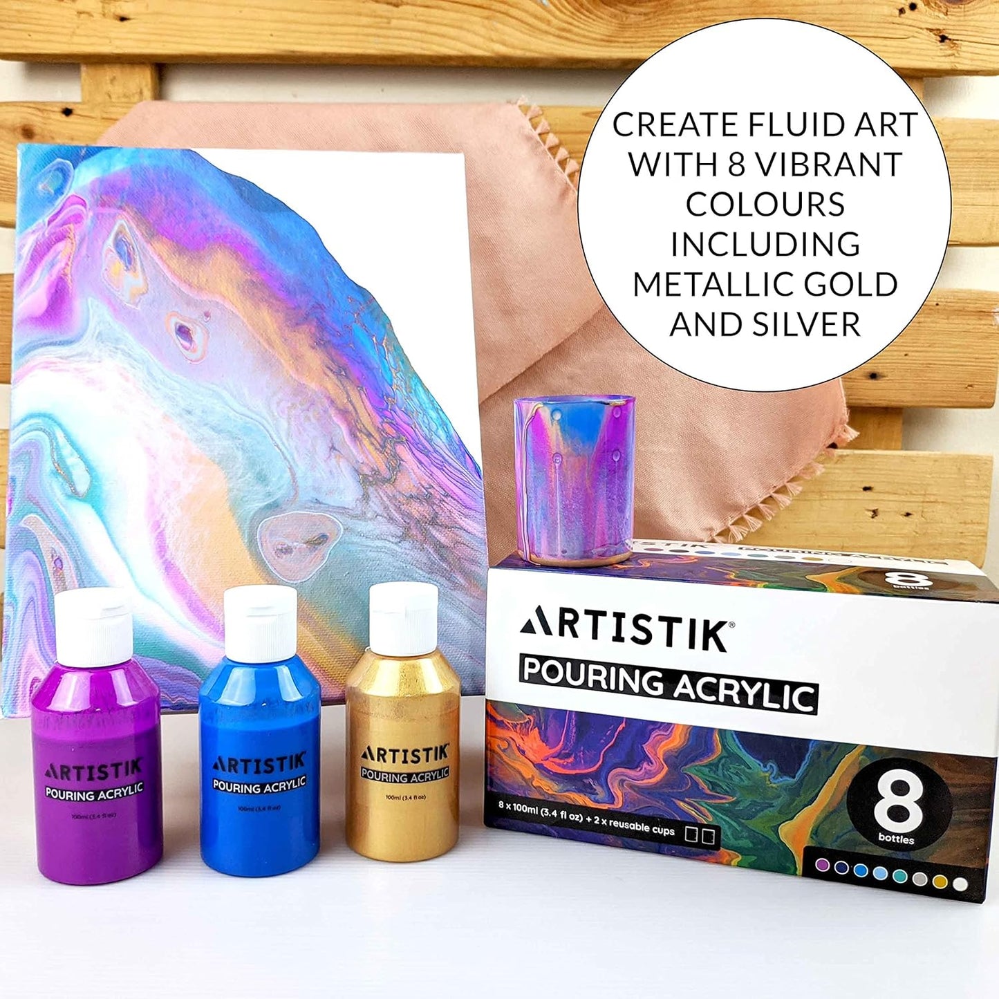 ARTISTIK Acrylic Pouring Paints - 8 x 100ml Paint Colour Set with 2 Mixing Cups - Paint Bottles for Art Supplies, Canvas, Glass, Paper, Wood, Stone, Tile