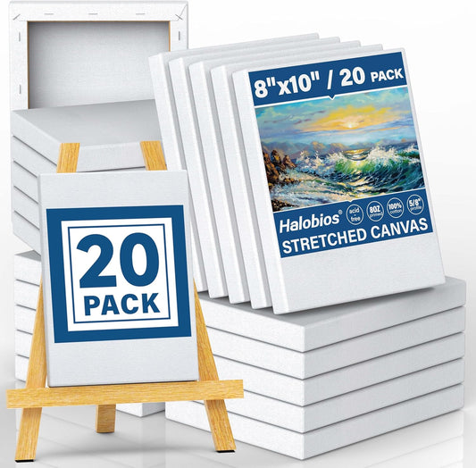 Blank Canvases - 8x10in Stretched Canvases, 20 Pack, 5/8 Inch Profile, 100% Cotton Artist Framed Canvas for Acrylics, Oils & Other Painting Media