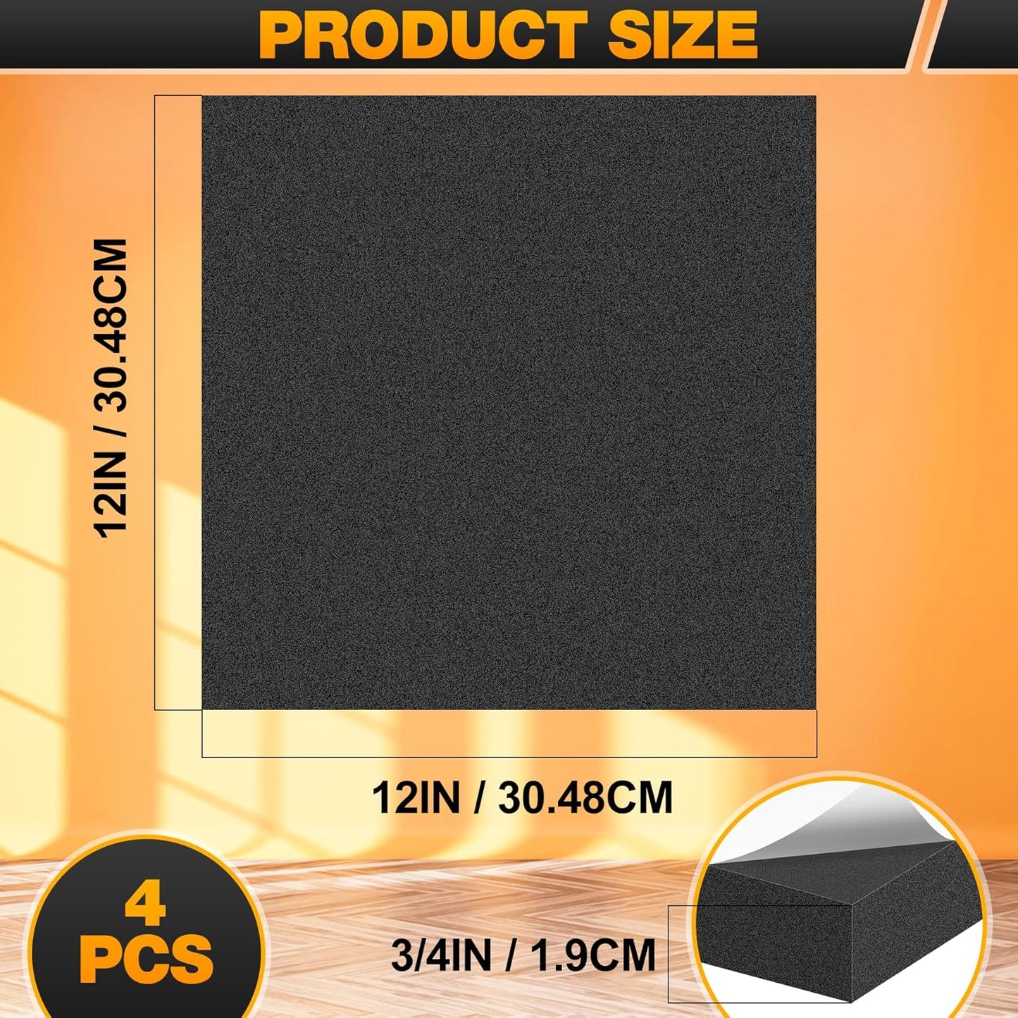 MYFAMIREA 4 PCS Adhesive Foam Padding Sheets Closed Cell Self Adhesive Sticky Foam Pads, 3/4" Thick 12'' x 12'' Neoprene Rubber Sheets Non-Slip Insulation Pads Vibration for Furniture Craft Car, Black
