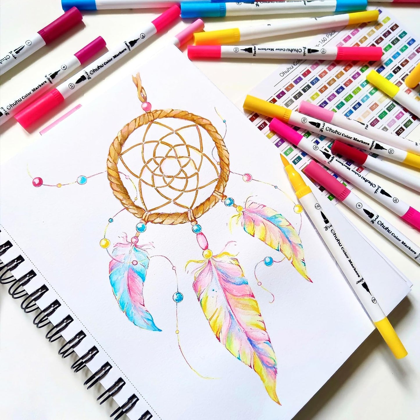 Ohuhu Markers for Adult Coloring Books No Bleeding 60 Colors Coloring Markers Water-based Dual Tips Fineliner & Brush Drawing Pens Art Pens for Kids Adults Sketch Journal - Maui - White