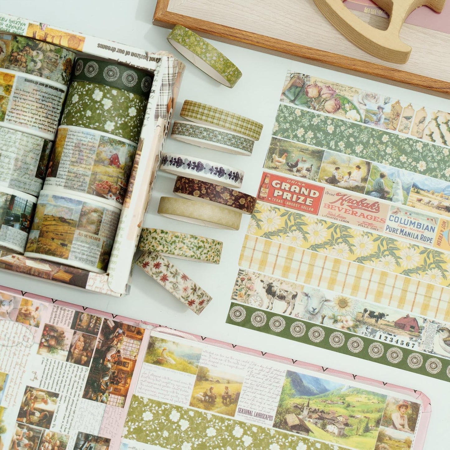 Vintage Washi Tape Set - 24 Rolls Arts Adhesive Tapes Assorted Retro Decorative Masking Tape Sets for Craft, Kids, Scrapbook, DIY, Gift Wrapping (10-Countryside Charm)