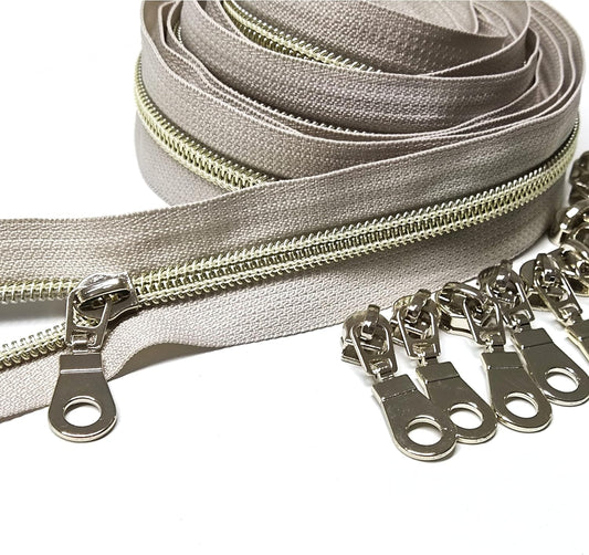 Leekayer #5 Light Gold Teeth Metallic Nylon Coil Zippers by The Yard Bulk 10 Yards Beige Tape with 25pcs Gold Sliders for DIY Sewing Tailor Craft Bag(Beige)