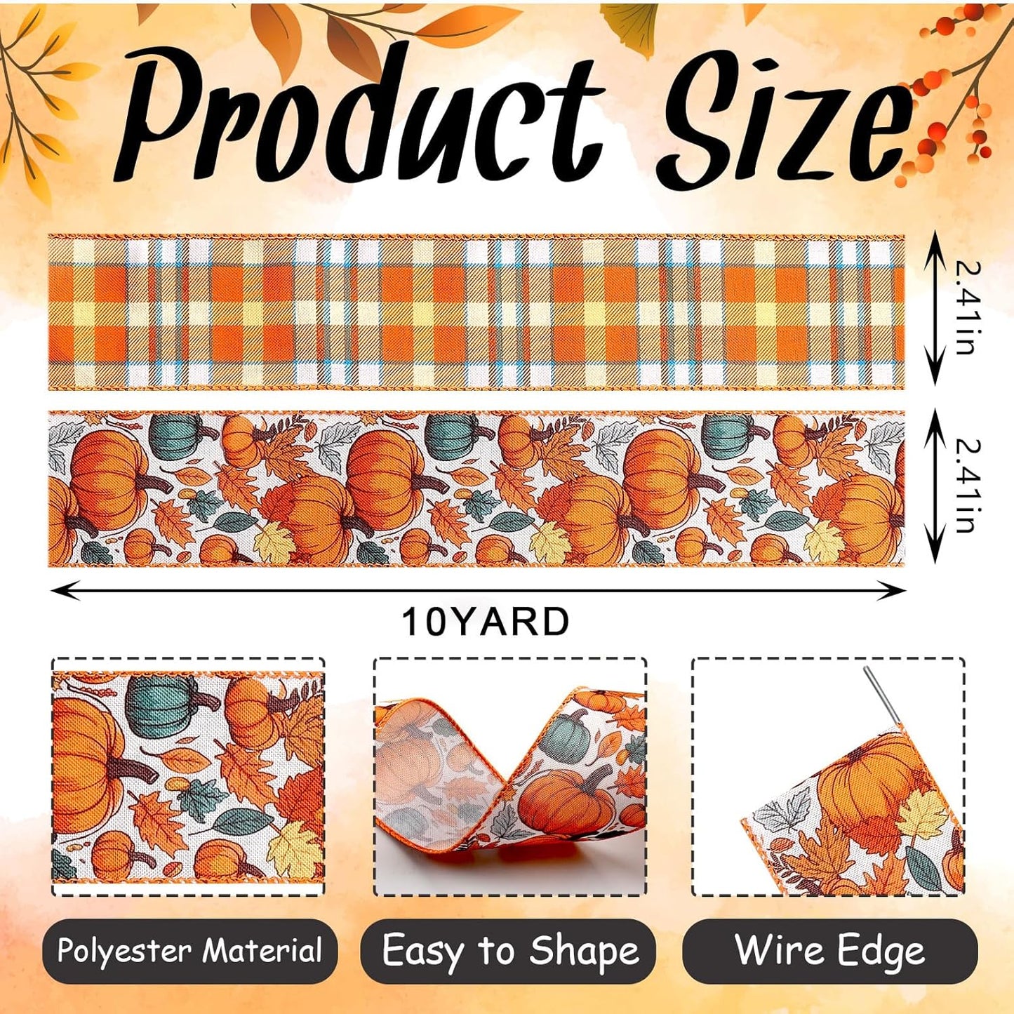 2 Rolls 2.5 Inch x 20 Yards Thanksgiving Fall Wired Ribbon for Crafts Wreath Bows Pumpkin Autumn Leaves Ribbons Orange Plaid Ribbon for Gift Wrapping Thanksgiving Party Home Decoration