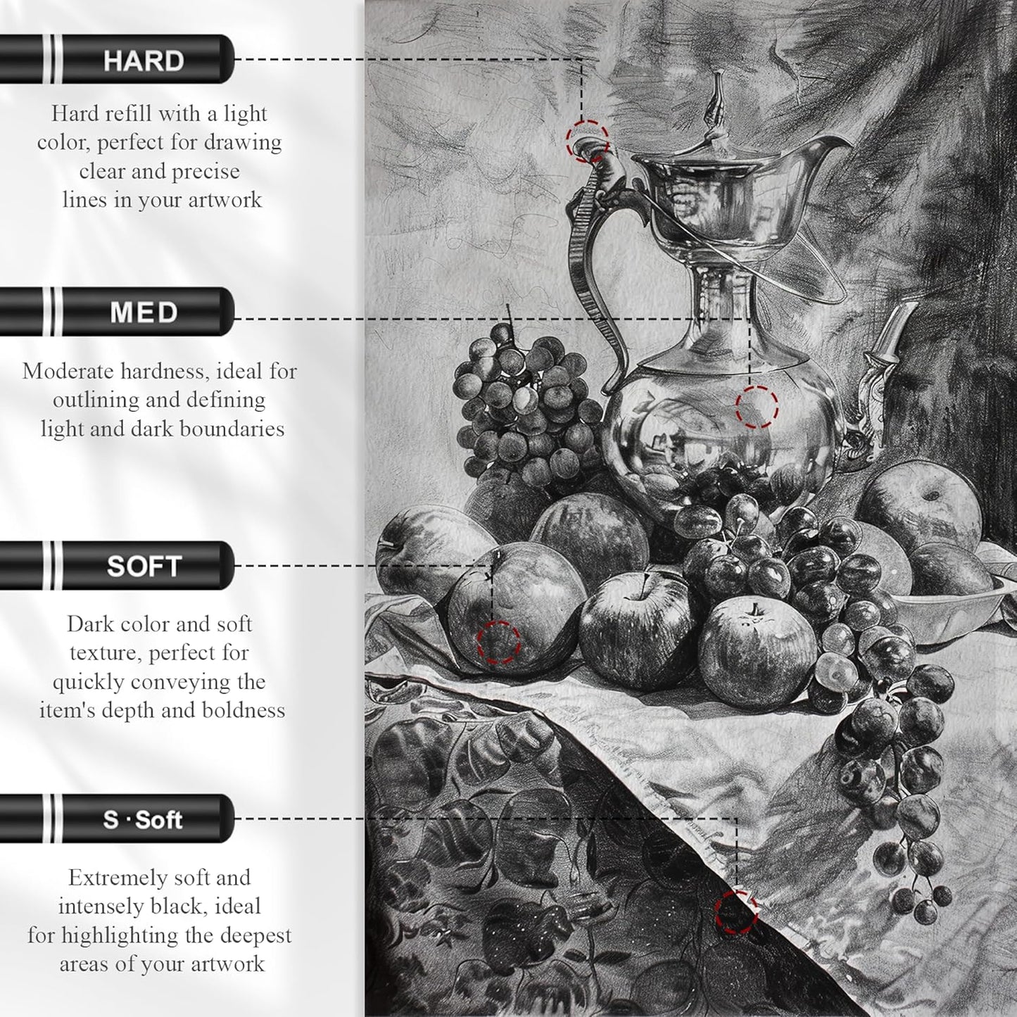 Charcoal Pencils for drawing, Set of 12, Charcoal Drawing Pencils (S-Soft, Soft, Medium, Hard), Art Supplies for Artist, Sketching, Shading