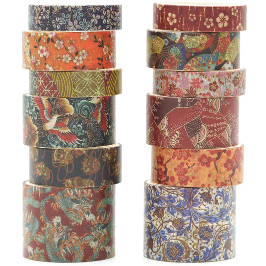 12 Rolls Kyoto Charm Washi Tape Set Japanese Arts Adhesive Tapes Geometric Garden Decorative Masking Tape Sets for Craft, Kids, Scrapbook, DIY, Gift Wrapping (Floral Bird)