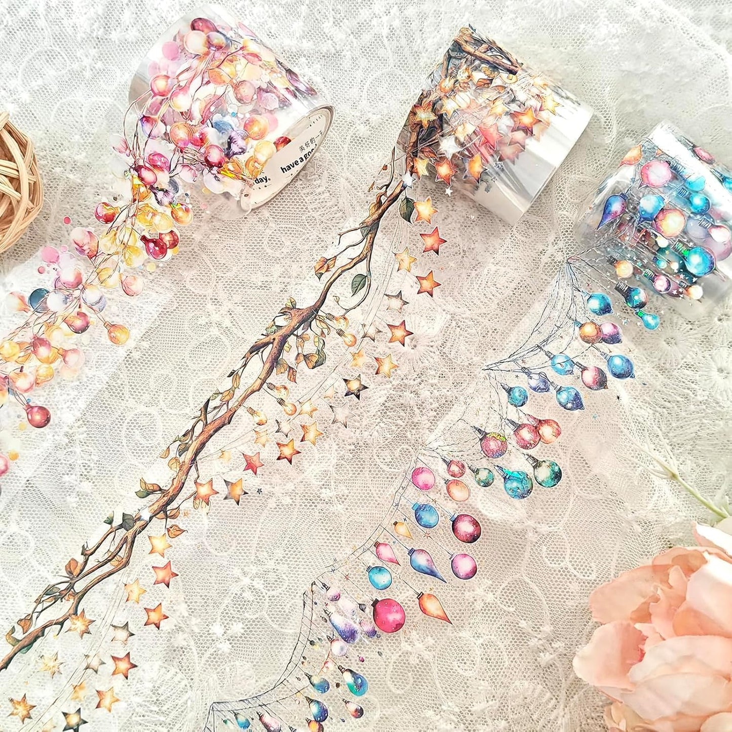 PET Christmas Washi Tape Stickers Set,3 Rolls Lighting Scrapbook Tape Stickers for Journaling,Junk Journal Supplies,DIY Craft,Notebook,Phone Case(Star Light)