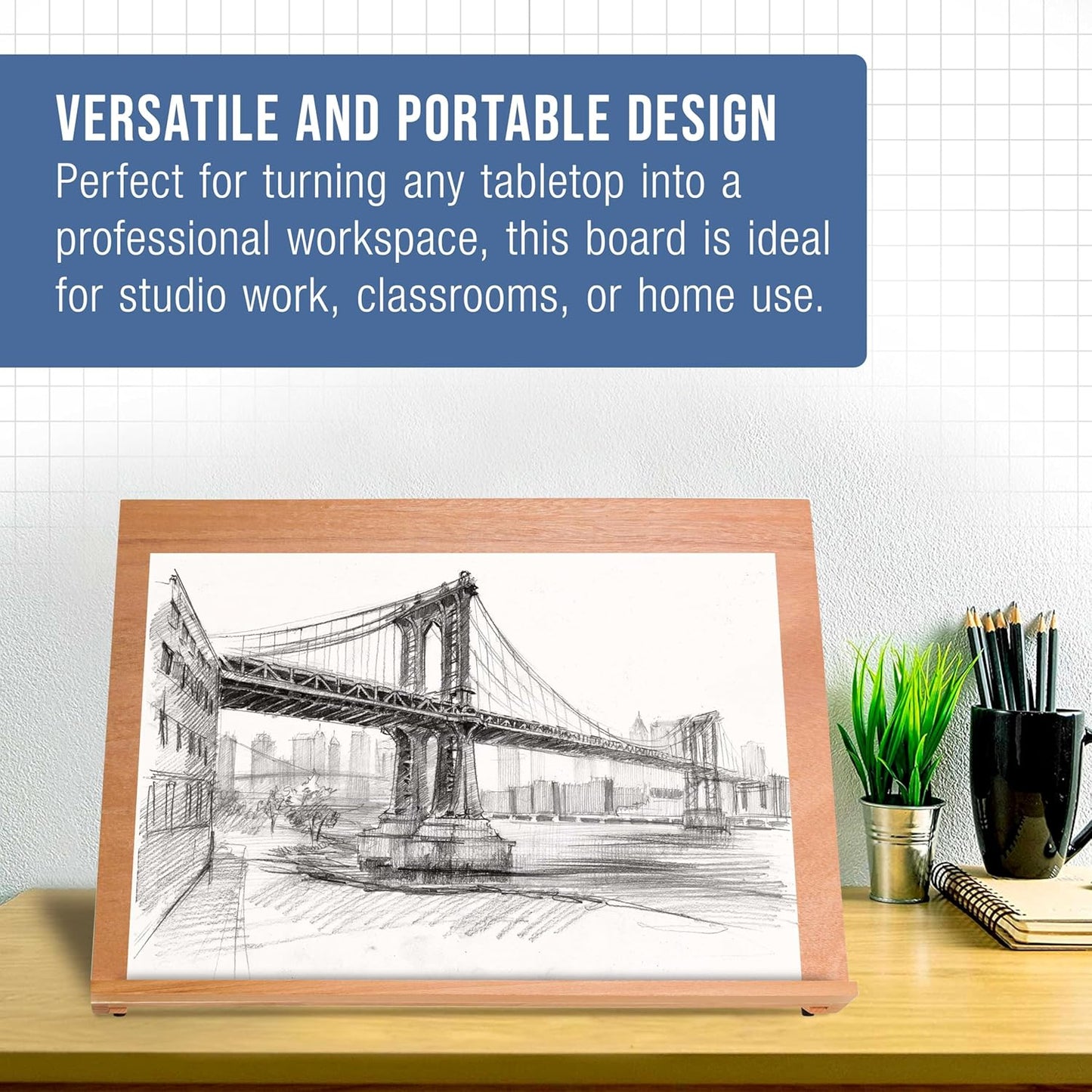 U.S. Art Supply X-Large 25-5/8" x 19" (A2) Adjustable Wood Art Drawing Board - 6 Angles, Beechwood Construction, Pencil Ledge, Locking Storage Drawer - Perfect for Design, Drafting & Architecture