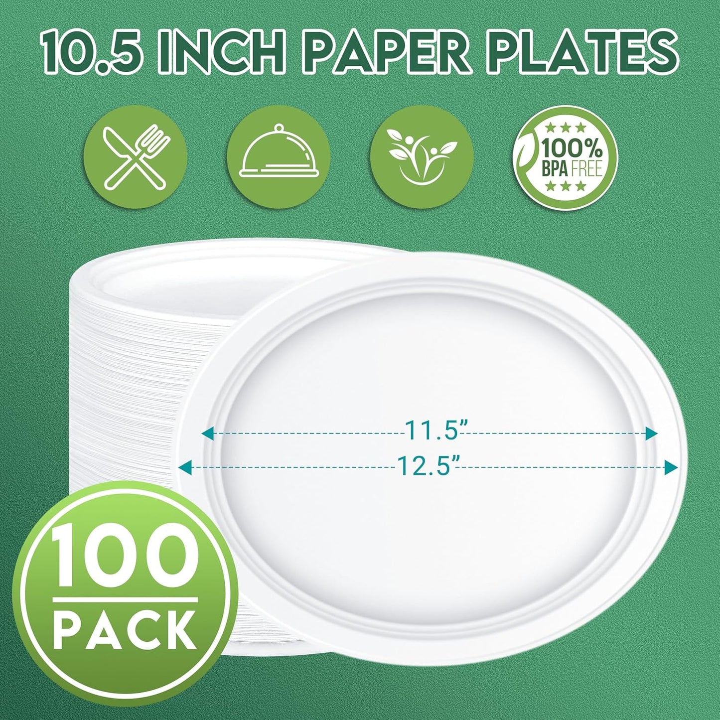 100% Compostable Oval Paper Plates 12 inch Bulk 100 Count, Heavy Duty Large Disposable Plates, Eco-Renewable Sugarcane Pulp Plates for Party,Dinner& Daily Use, White