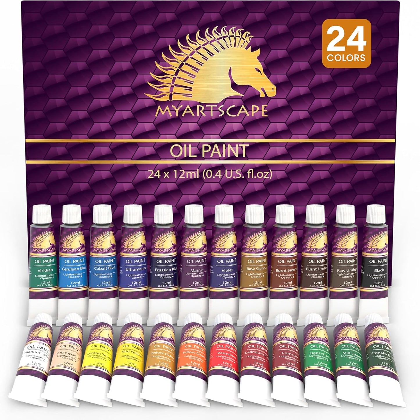 MyArtscape Oil Paint Set - 12ml x 24 Tubes - Lightfast - Heavy Body - Oil-based Colors - Great Pigment Load - Artist Quality Painting Supplies - Professional Craft Paints