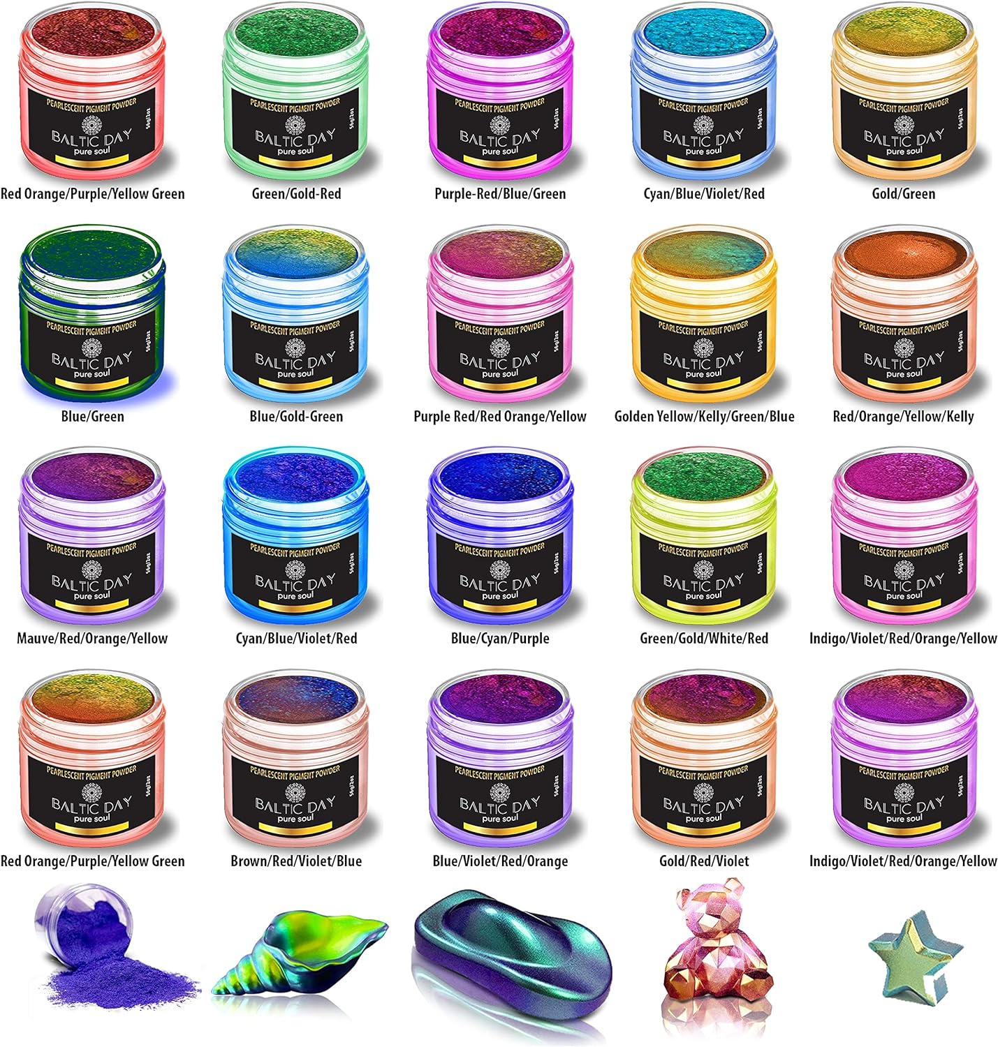 BALTIC DAY 48 Chameleon Mica Powder Set - Includes 8 Interference/Ghost Mica Powders - Color Shift Mica Powder Set