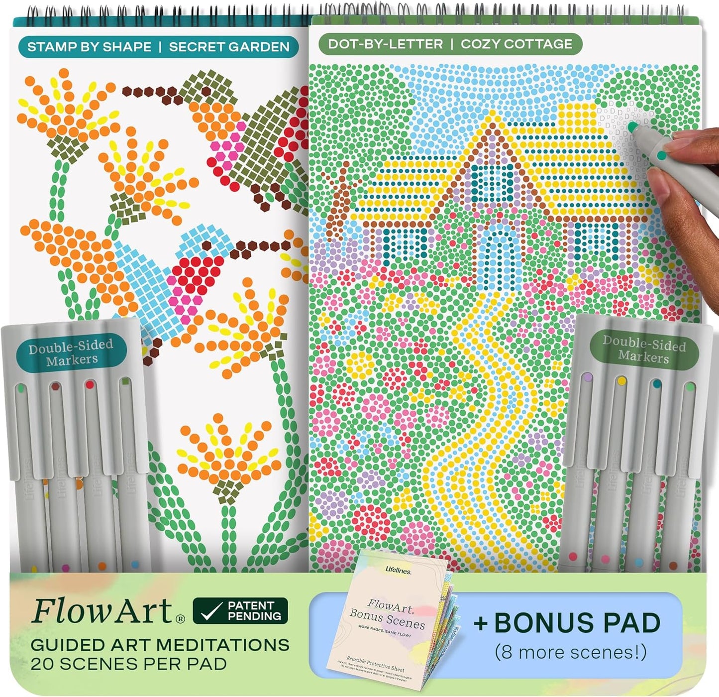Lifelines FlowArt Activity Pad, 2-Pack & Bonus Pad - Guided Dot Art Meditations with Markers - Dot-by-Letter & Stamp-by-Shape Coloring Books for Tweens, Adults & Seniors