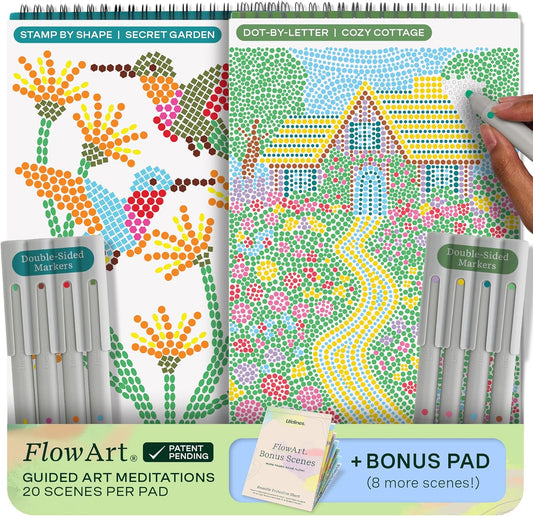 Lifelines FlowArt Activity Pad, 2-Pack & Bonus Pad - Guided Dot Art Meditations with Markers - Dot-by-Letter & Stamp-by-Shape Coloring Books for Tweens, Adults & Seniors