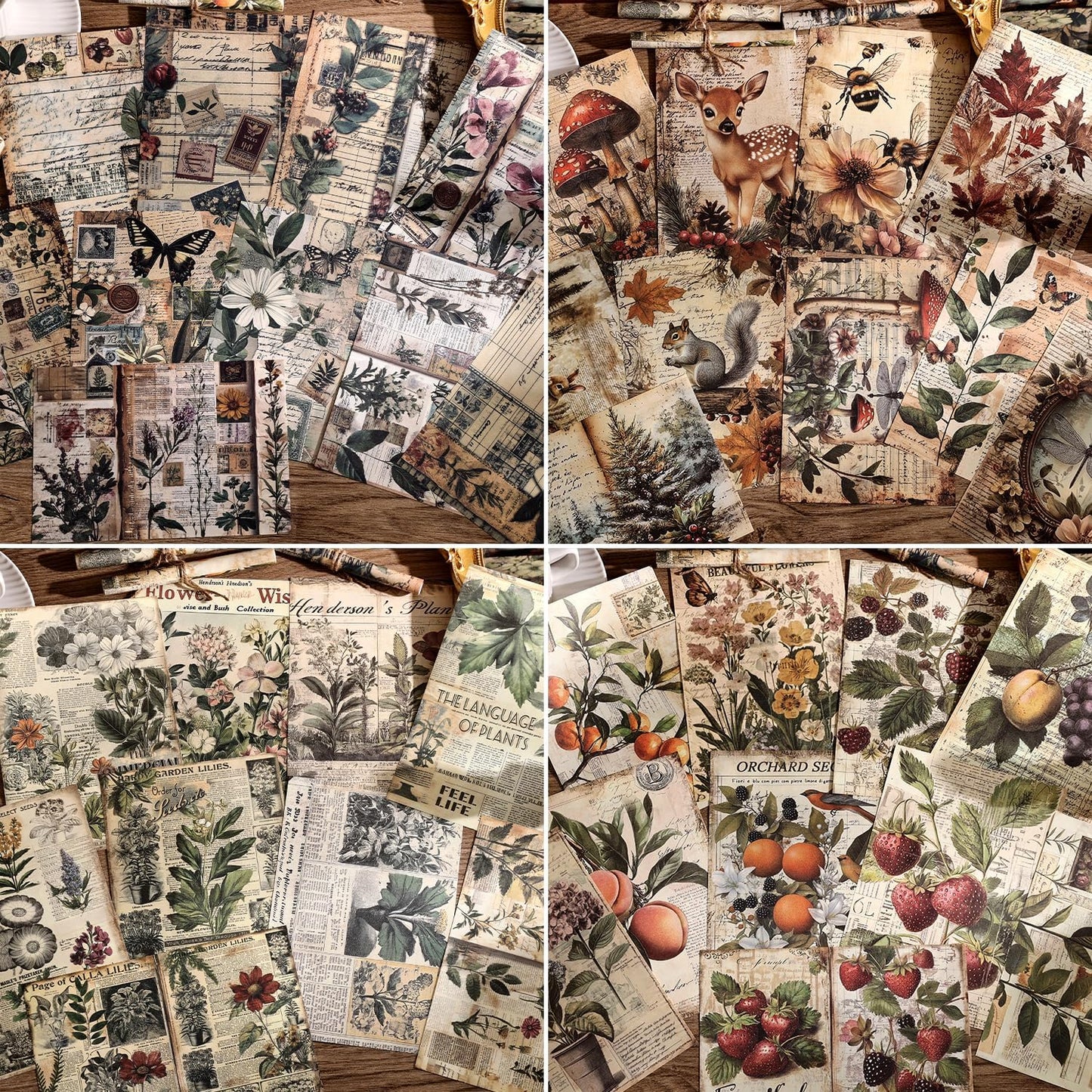 120 Sheets Vintage Botanical Scrapbook Paper Set, Journaling Scrapbooking Supplies Craft Decoupage Papers Kit, 4 Themes x 30 Mushroom Floral Antique Letter Design for Junk Journals Collage Card Making