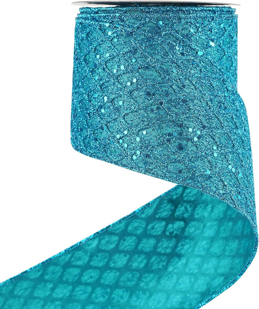 HUIHUANG Turquoise Glitter Wired Ribbon 4 inch Teal Christmas Tree Ribbon Diamond Mesh Wire Ribbon for Tree Decorations, Wreaths, Garland, Large Bows Making, Home Decor -10 Yards