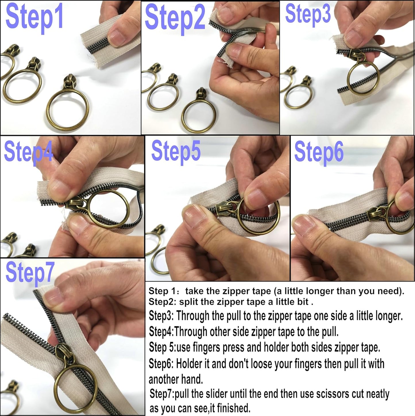 Leekayer #5 Antique Brass Metallic Nylon Coil Zippers by The Yard Bulk 10 Yards Beige Zipper Tape with 25pcs Antique Brass Ring Pull Sliders for DIY Sewing Tailor Craft Bag(Beige)