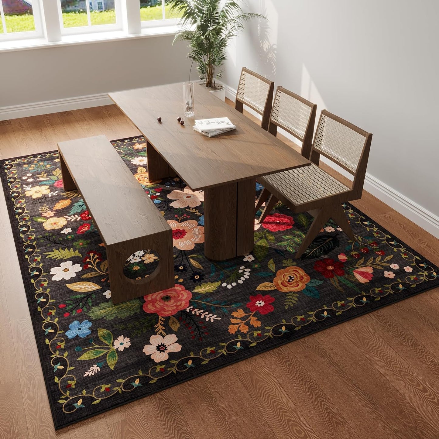 Rugcomf Area Rugs 8x10 Rug for Living Room Clearance Washable Boho Area Rug Non Slip Floral Vintage Low Pile Large Rug for Living Room, Bedroom, Farmhouse, Dining Room, Kids Playroom(Black)