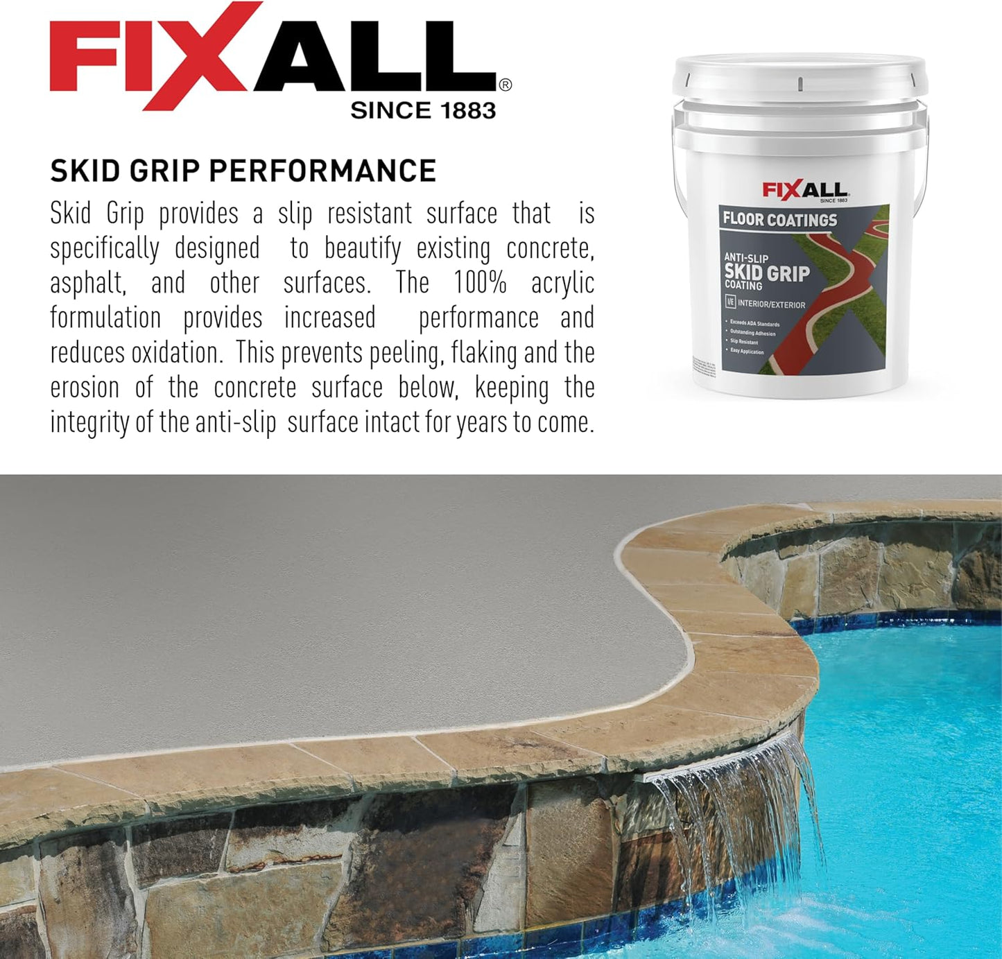 FIXALL Skid Grip Anti-Slip Coating, 5 Gallons, Crimson, Exceeds ADA Standards, Ideal for Safety Areas, Slip-Resistant Pavement, Cement & Concrete Paint