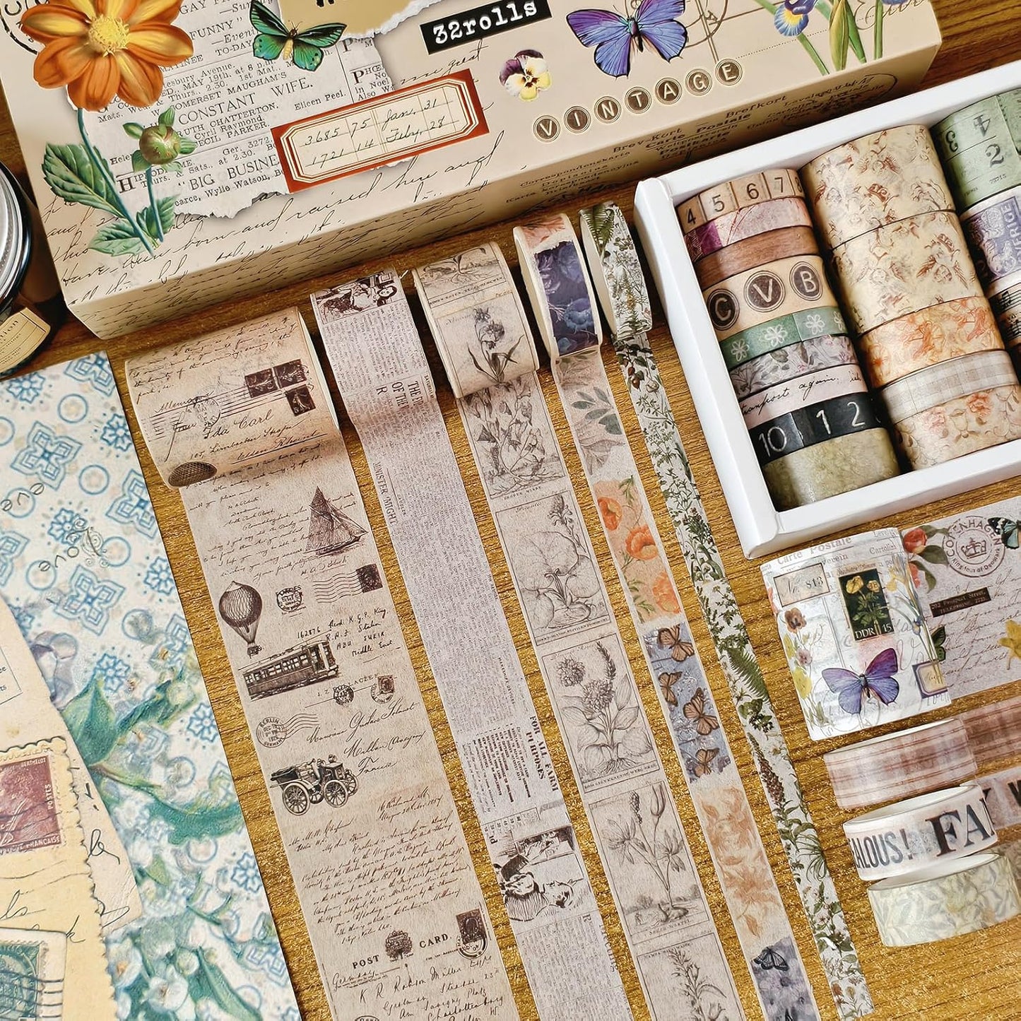 32 Rolls Vintage Washi Tape, Aesthetic Colored Decorative Cute Scrapbook Tape for Scrapbooking Supplies Journaling Craft Junk Journal