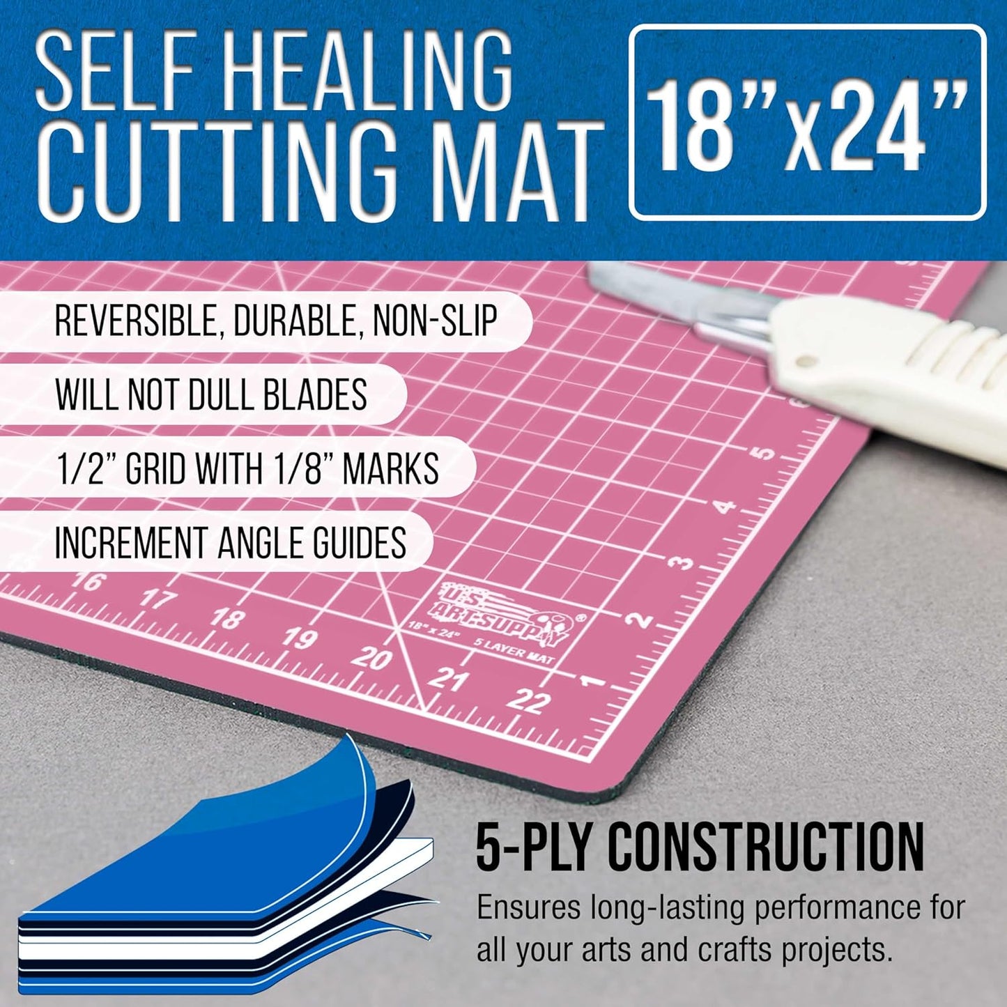 U.S. Art Supply 18" x 24" Self-Healing Cutting Mat 5-Ply - Double-Sided Pink/Blue Craft Mat, Non-Slip Cutting Mats for Crafts, Sewing, Quilting, Scrapbooking