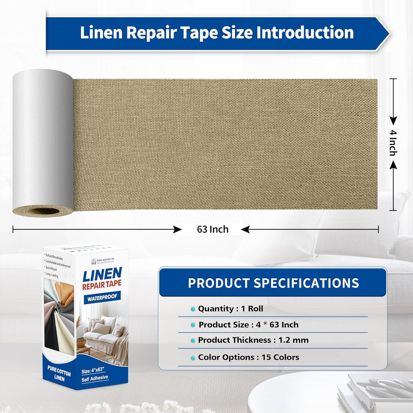 KING MOUNTAIN Linen Repair Patches, Self-Adhesive Linen Fabric Patches, 4 X 63 inch Extra Size, Multi Color, Can be Used for Linen Sofa Repair and Linen Clothes Repair (Flaxen)