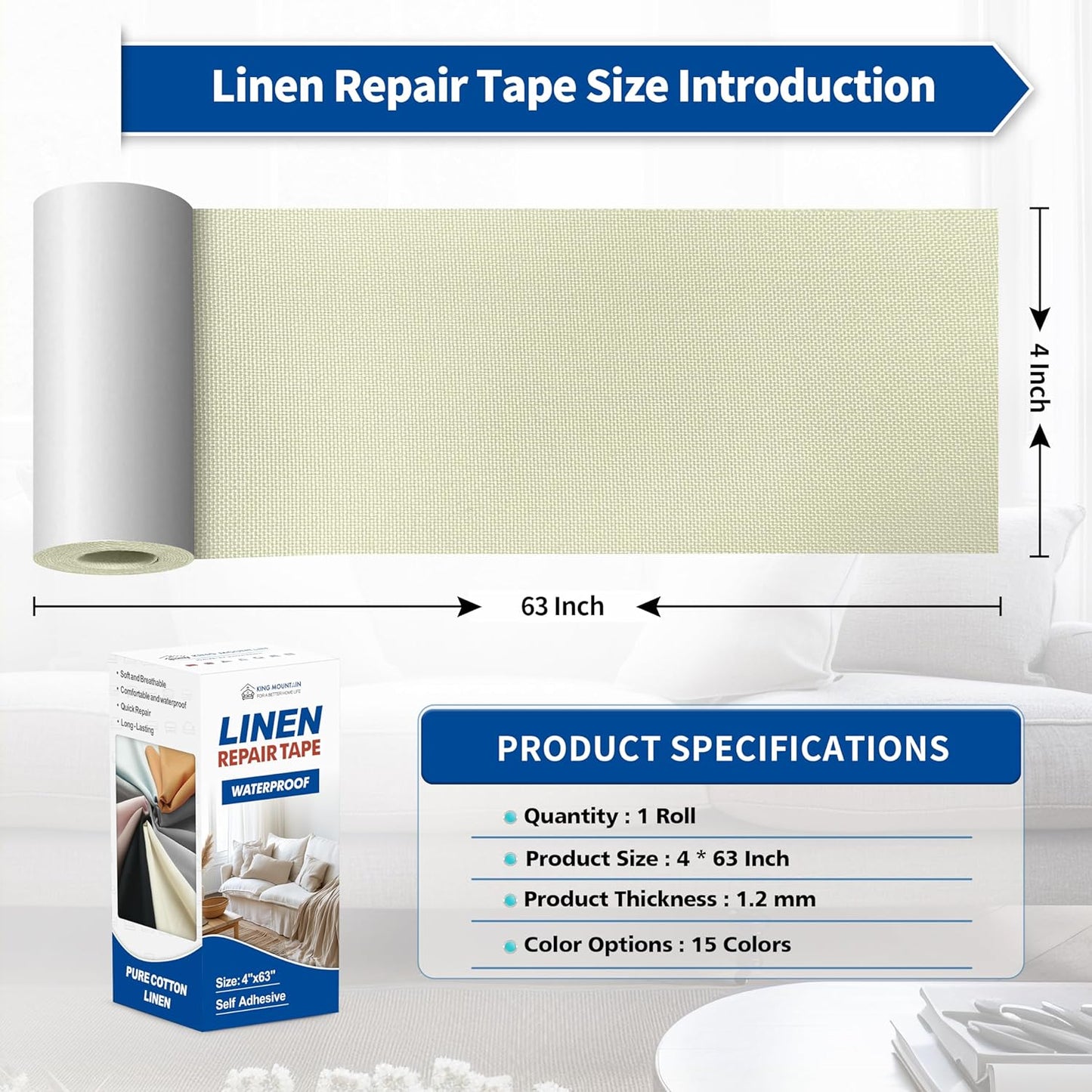 KING MOUNTAIN Linen Repair Patches, Self-Adhesive Linen Fabric Patches, 4 X 63 inch Extra Size, Multi Color, Can be Used for Linen Sofa Repair and Linen Clothes Repair (Beige2.0)