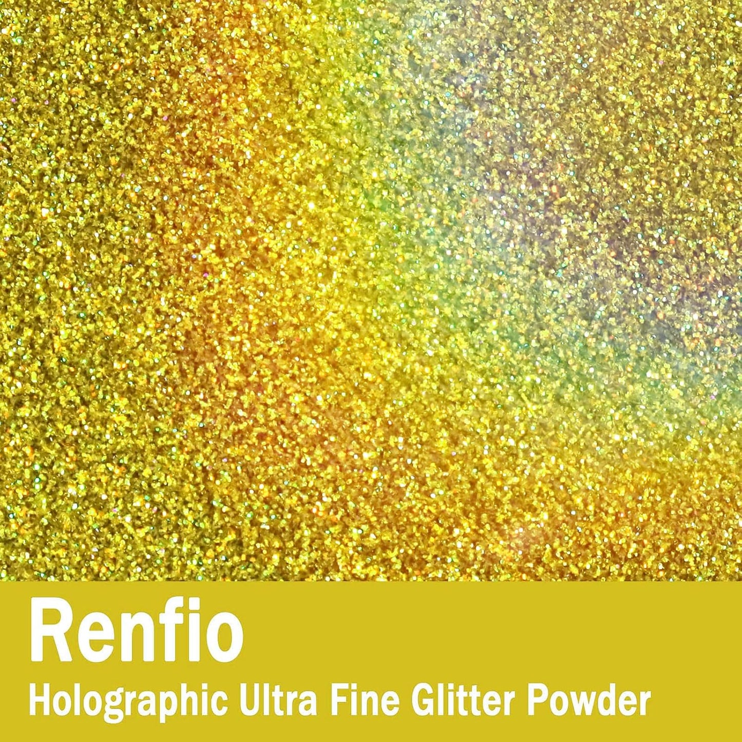 Renfio Holographic Ultra Fine Glitter Powder Metallic Resin Glitter 2.11 Oz (60g) PET Flakes Crafts Sequins 1/128" 0.008" 0.2mm Epoxy Chips Flakes for Tumblers Slime - Laser Green Gold