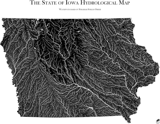Muir Way Hydrological River Map of Iowa - Watershed Topographic Wall Art for Home, Office, or Travel Decor - Unframed Flat Paper Print, 24x30