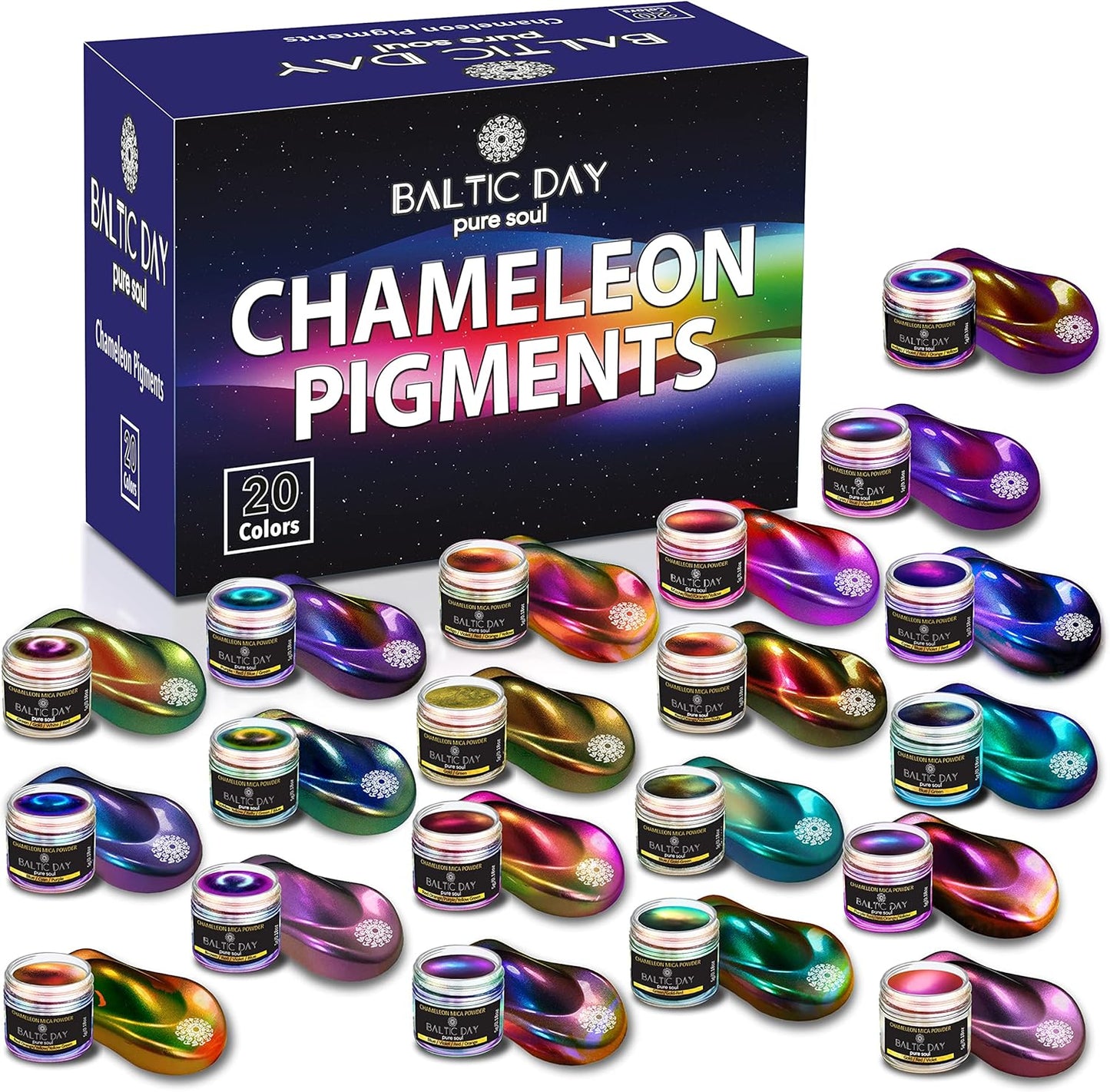BALTIC DAY - Chameleon Mica Powder, 20 x 5g Jars of Color Shift Mica Powder Set - Epoxy Resin Color Pigment - Chameleon Powder - Holographic Mica Powder for Resin