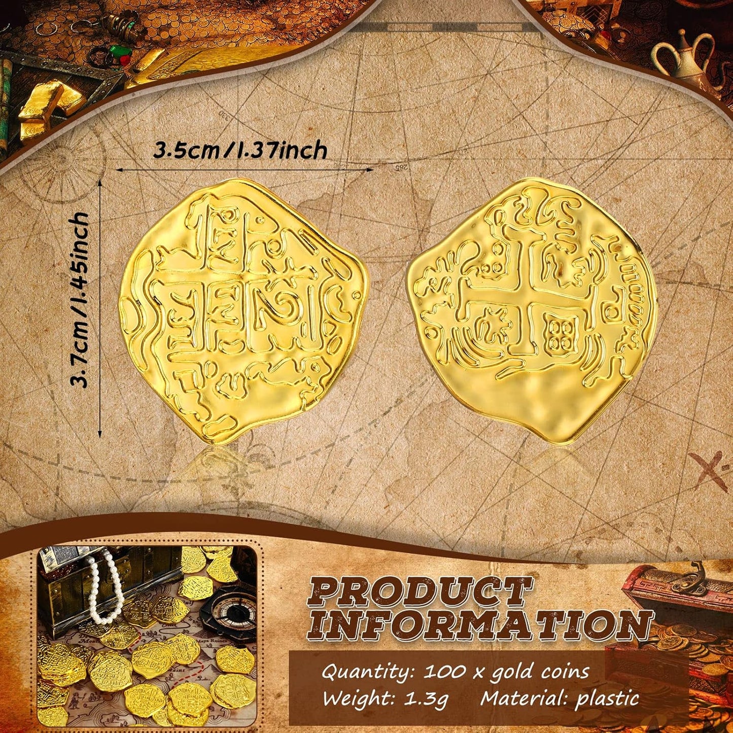 Hanaive 100 Pcs Pirate Coins Plastic Kids Fake Play Coins Replica Spanish Doubloons for Pirate Party Treasure Chest Board Games Tokens Toys Cosplay St. Patrick's(Gold)