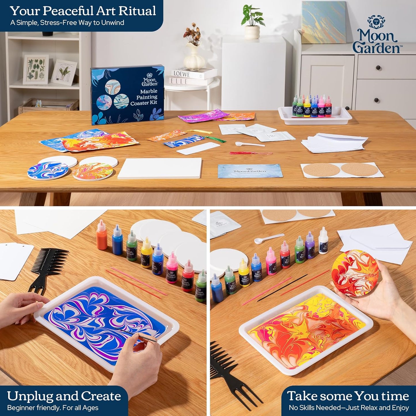 MoonGarden Marble Painting Coaster kit - Marble Painting Kit for Adults - 12 Color Paints, Ceramic Coasters, Bookmark Paper and Cardstock Paper - Relaxing and Creative DIY Activity